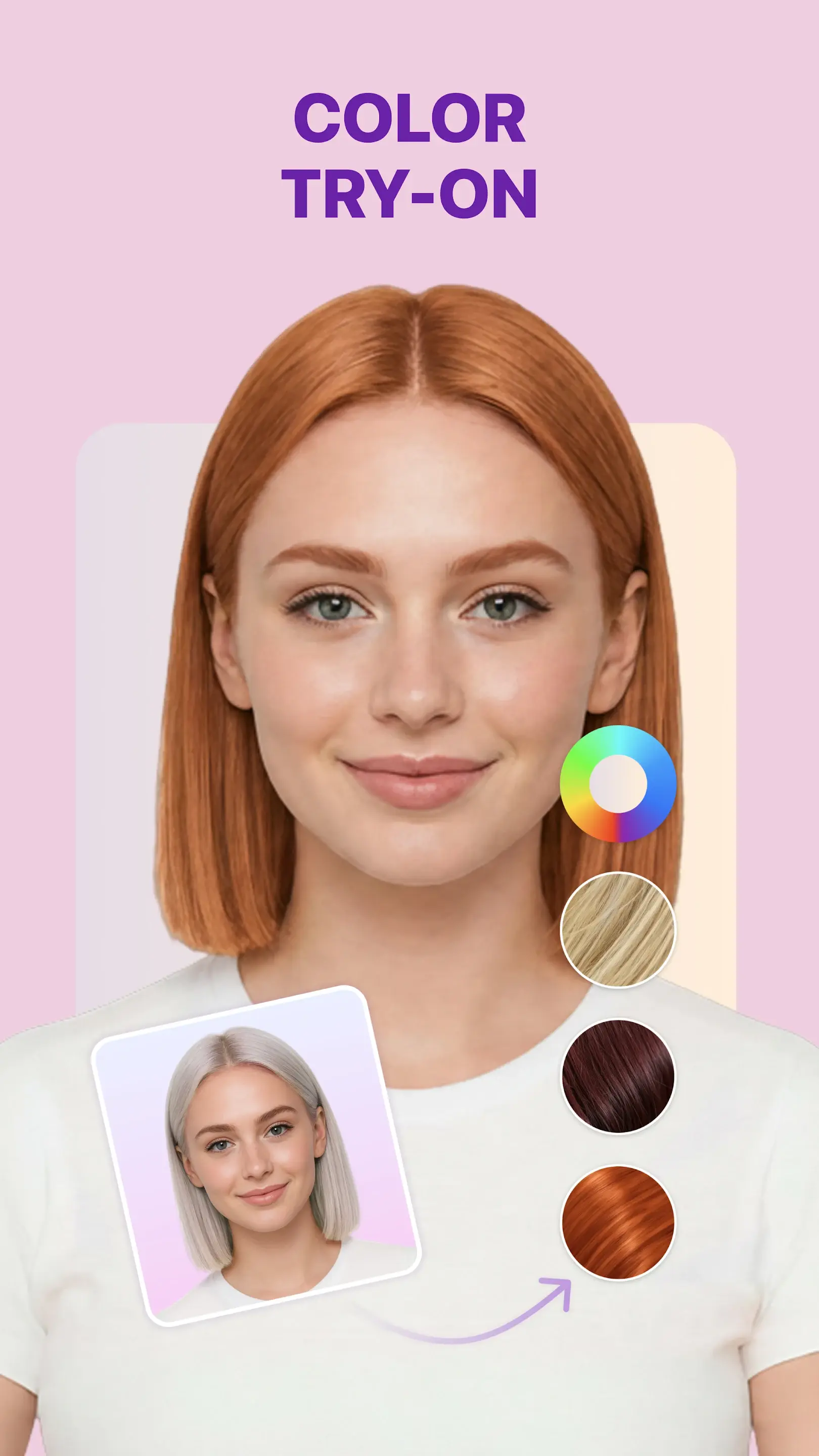 HairHunt color try-on applying a copper shade to a bob without changing the hairstyle, with blonde, burgundy and copper swatches and the original silver-haired selfie