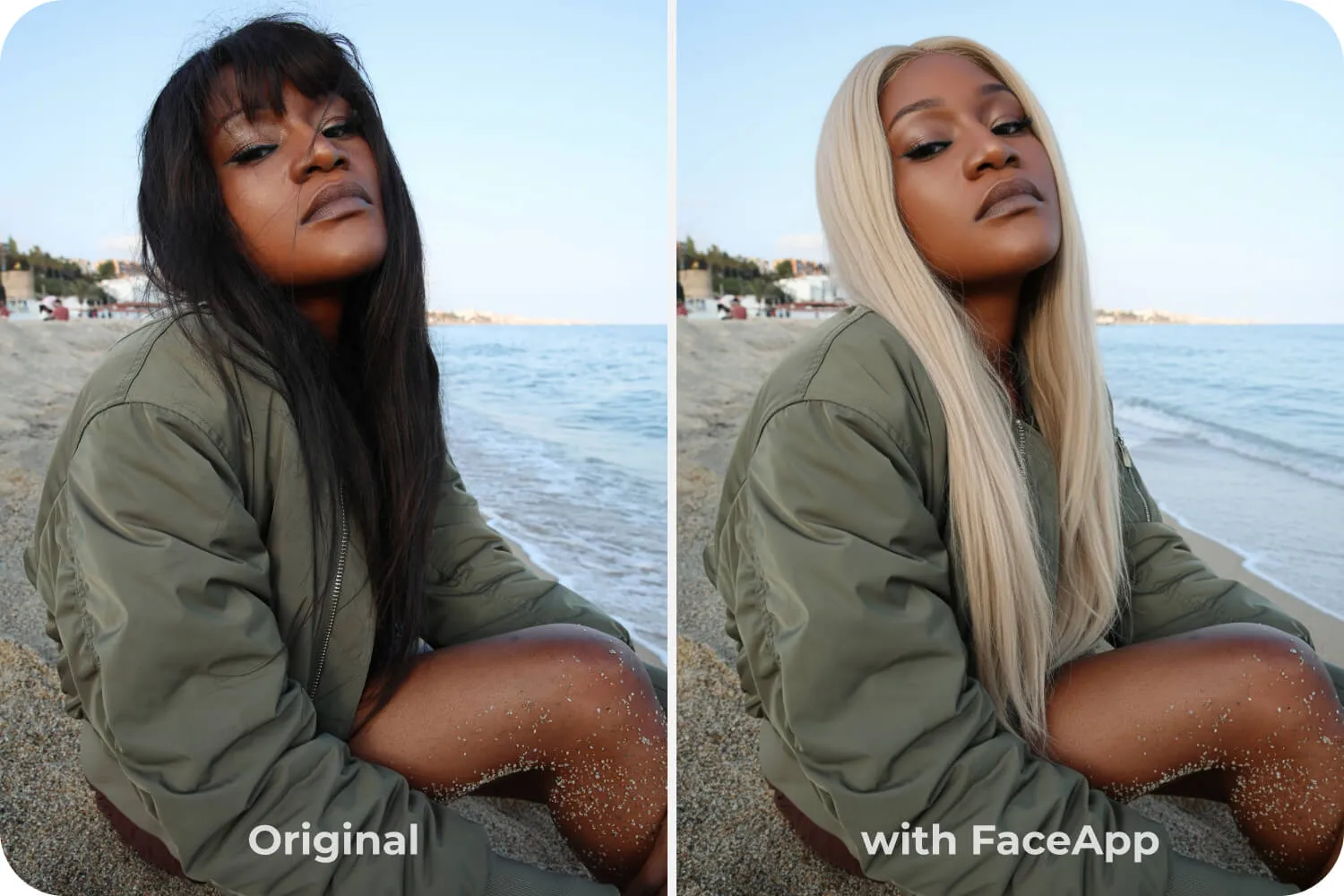 FaceApp before and after comparison changing long black hair to platinum blonde on the same photo