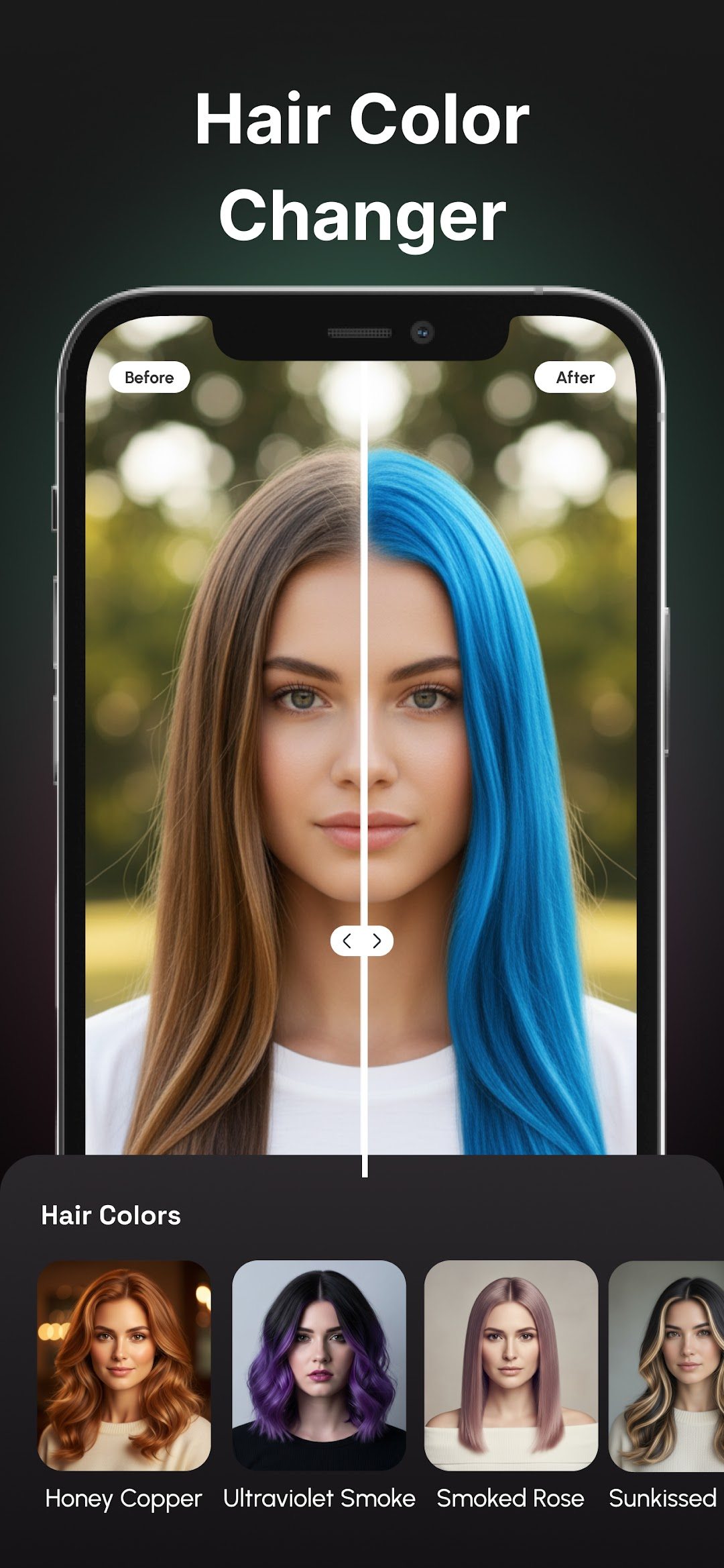 Hair Color & Hairstyle Try On before-and-after slider changing long brown hair to vivid blue, with Honey Copper, Ultraviolet Smoke, Smoked Rose and Sunkissed shade options