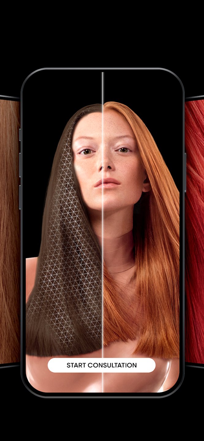 My Hair iD split-screen preview comparing natural brown hair with a copper shade on the same model