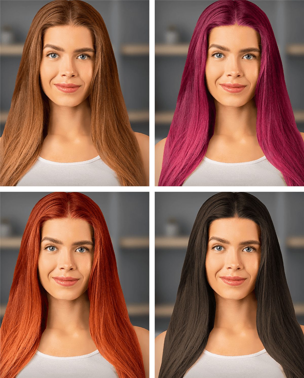 Perfect365 virtual hair dye results showing the same model with brown, magenta, copper red and dark brown hair