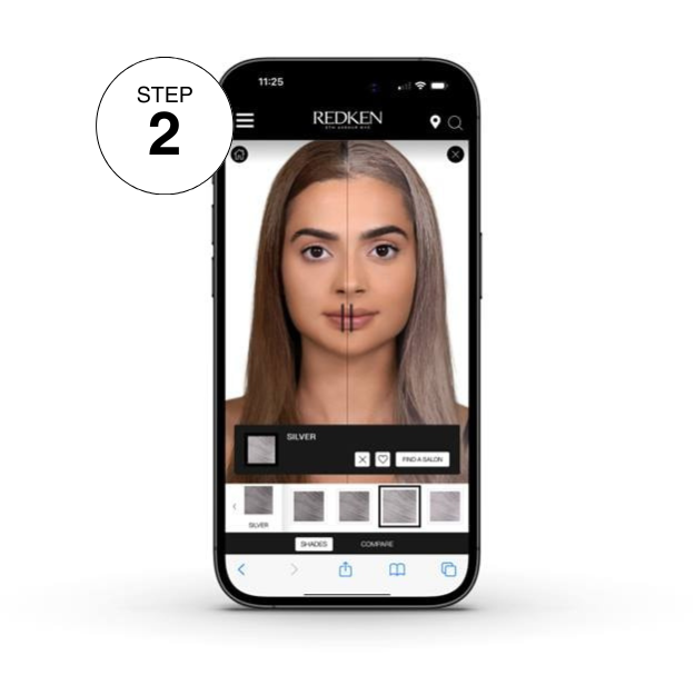 Redken virtual try-on on a phone showing a split-screen preview of brunette hair and a silver shade
