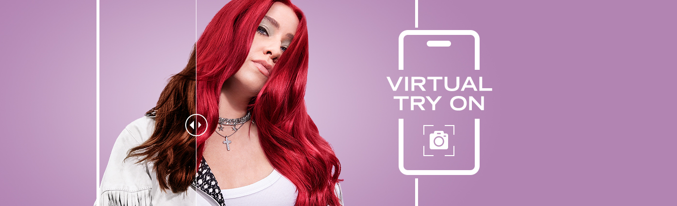 Schwarzkopf LIVE virtual try-on banner with a slider revealing brunette hair changed to vivid red