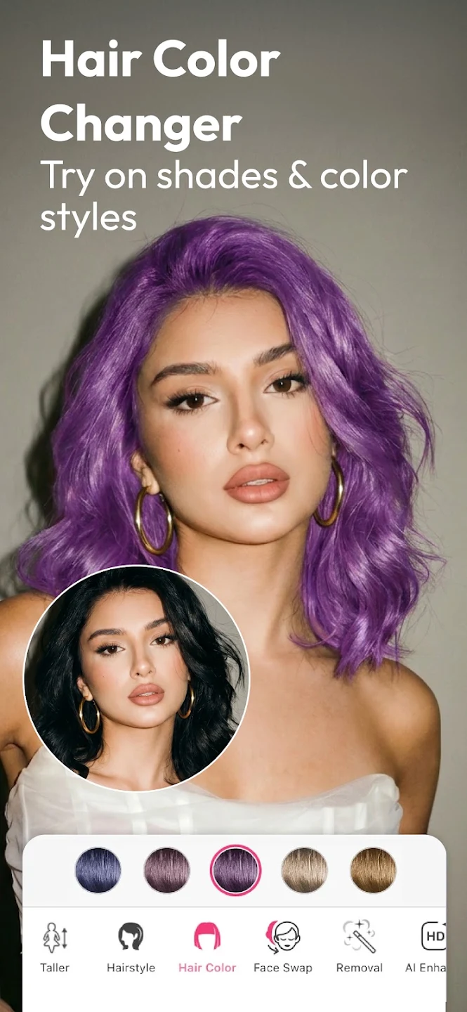 YouCam hair color changer applying a vivid purple shade to dark wavy hair with a shade picker below